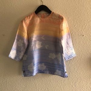 J. JILL LOVE LINEN COLORFUL FLORAL AND STRIPED PRINT BLOUSE/EUC